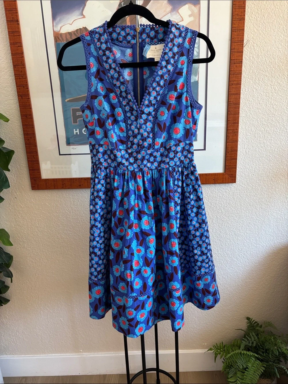 $348 Kate aspade New York Tangier Floral Fit and Flare Blue Botanical Dress